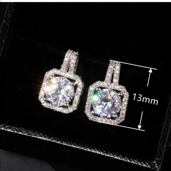 Sterling Silver Square Diamond Studs Earrings - Picture 5 of 6